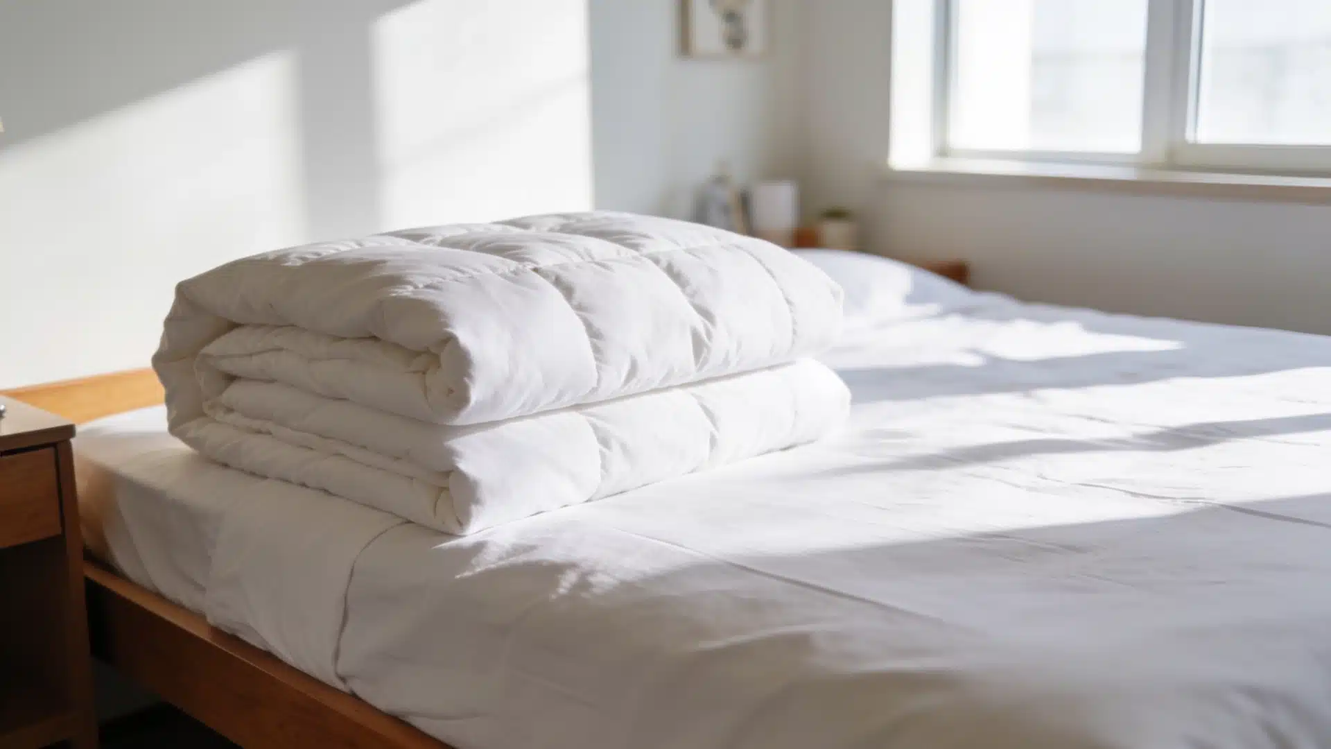 Fresh white comforters folded on a neatly made bed